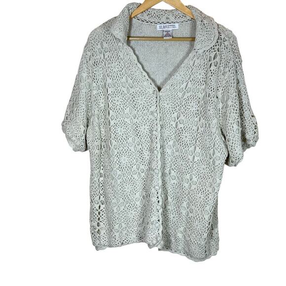 Silhouette Tops - VTG 90s Crochet Top Silk Cotton Knit Button Up Short Sleeve Shirt Plus Size 2X